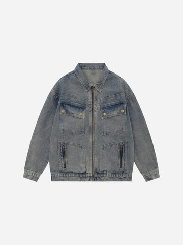 Retro zip-up pocket denim jacket