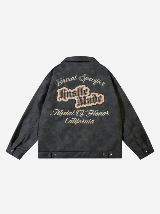 Leather jacket with embroidered lettering