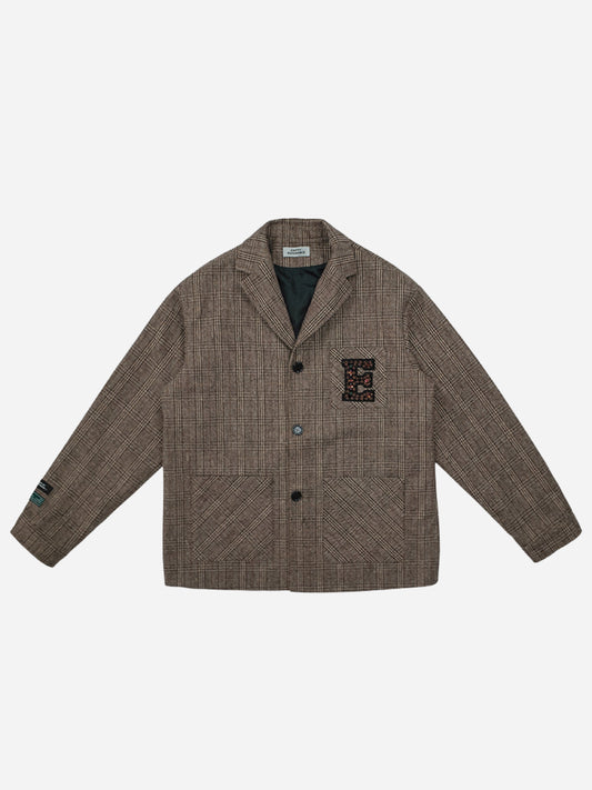 Coffee-colored loose-fitting embroidered plaid jacket